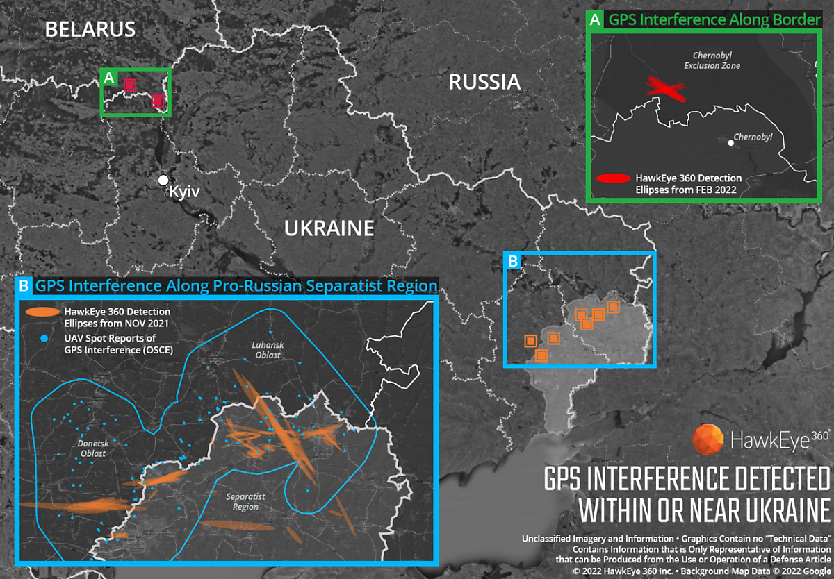 러시아군은 우-러 전쟁 직전 우크라이나군을 교란하기 위해 체르노빌(Chernobyl) 일대와 루한스크·도네츠크주 일대에 대한 GPS 재밍을 실시했다. 이와 같은 러시아의 전자전은 2014년 돈바스 전쟁에서도 실시되었다. 이처럼 러시아군이 하이브리드전을 수행하는 데 있어서 전자전은 필수적이다. <출처: https://www.geospatialworld.net/blogs/hawkeye-360-detects-gps-jamming-along-ukraine-border-prior-to-russian-invasion/>