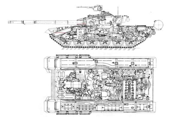 T-90 전차의 측면과 상부 분해도 <출처 : militaryarms.ru>