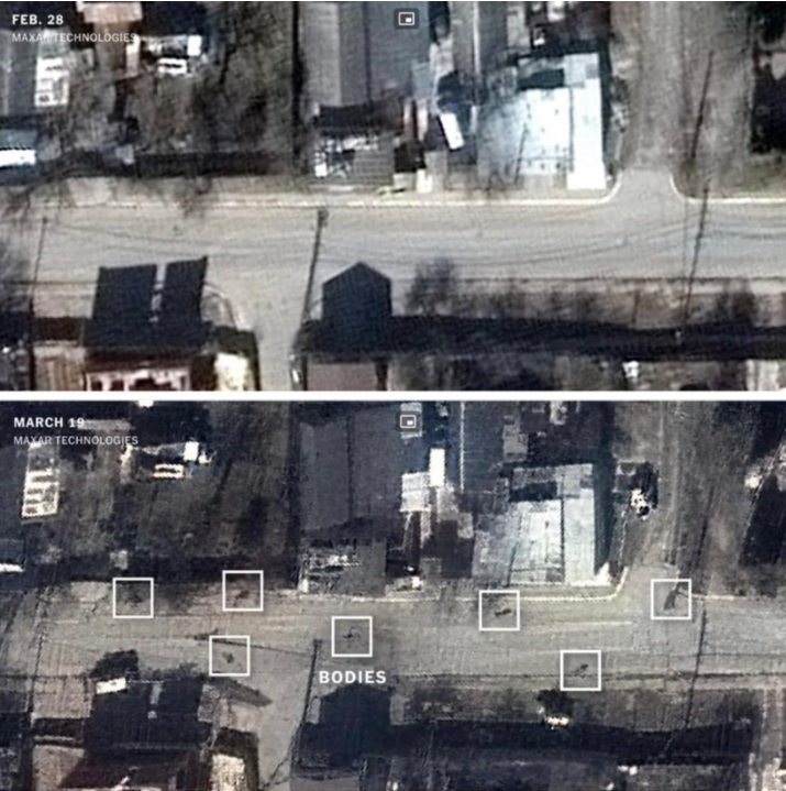 위는 러시아군이 부차(Bucha)에 진입하기 이전인 2월 28일에 촬영된 위성사진이고, 아래는 러시아군이 부차에서 철수한 이후인 3월 19일에 촬영된 위성사진이다. 우크라이나군은 3월 19일 이후에 부차에 진입했으므로 아래 사진의 시체들은 러시아군이 점령한 당시에 발생한 것으로 추정할 수 있다. <출처: MAXAR TECHNOLOGIES>