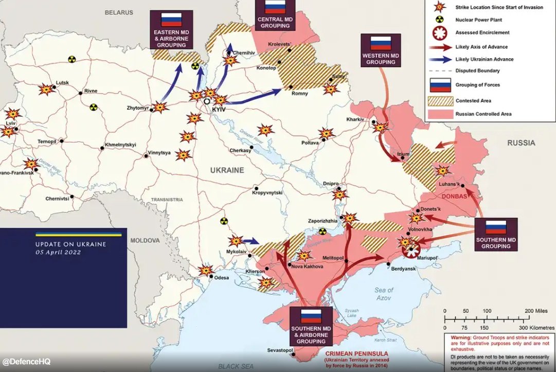 위 그림은 4월 5일 전황도이다. 키이우(Kyiv) 북쪽 지역에서 우크라이나군이 북진하는 모습이 보인다. 이것은 3월 25일 특별군사작전의 목표를 돈바스 지역으로 변경한다는 러시아군 총참모부의 발표 이후의 상황이다. 즉, 우-벨 국경 일대에서 키이우로 공격했던 러시아군은 작전 목표의 변경으로 철수했고, 우크라이나군은 이를 기회로 활용하여 실지(失地)를 회복한 것이다. <출처: https://www.standard.co.uk/news/world/ukrainian-forces-seize-back-key-terrain-north-russia-war-ministry-defence-putin-b992479.html>
