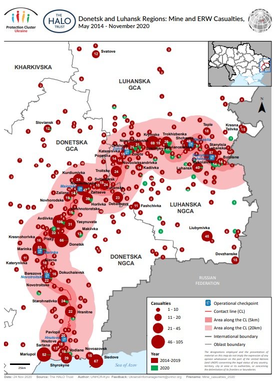 위 그림은 2014년 5월부터 2020년 11월까지 도네츠크주와 루간스크주 일대에서 발생한 사상자 수를 나타낸 것이다. 이 그림을 봤을 때 2014년 돈바스 전쟁 이후 이번 우-러 전쟁 직전까지 이 두 지역에서는 우크라이나군과 친러 분리주의자들 간의 크고 작은 전투가 끊이지 않았다는 것을 알 수 있다. <출처: https://reliefweb.int/map/ukraine/donetsk-and-luhansk-regions-mine-and-erw-casualties-may-2014-november-2020>