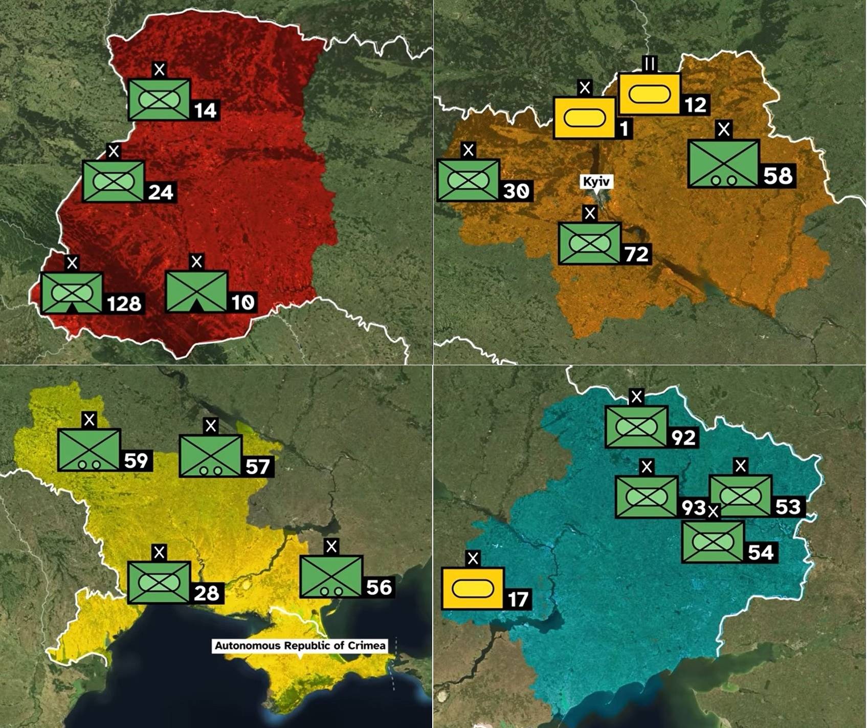 위 그림은 좌상단으로부터 시계 방향으로 우크라이나군 서부, 북부, 동부 및 남부 작전사령부에 배치된 여단들의 위치를 보여주고 있다. 2022년 현재 우크라이나군은 2개 전차여단과 1개 전차대대, 7개 기계화보병여단, 4개 차량화보병여단 및 2개 산악여단을 보유하고 있다. <출처: https://www.youtube.com/watch?v=U26SNwTH8p0>
