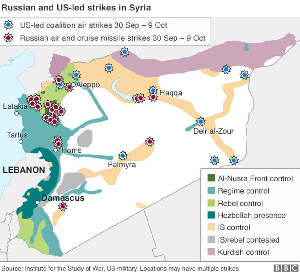 2015년, 시리아 내전에 개입한 러시아군은 특수작전부대가 반군의 저항거점을 식별한 후 전폭기의 폭격이나 순항미사일을 유도하여 타격하는 항공타격작전을 실시했다. <출처: https://www.bbc.com/news/world-middle-east-34502286>