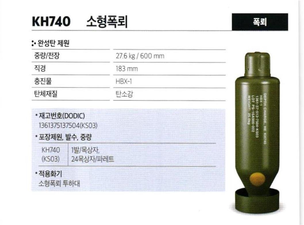 KH-740 소형 폭뢰 제원 <출처 : 풍산탄약>
