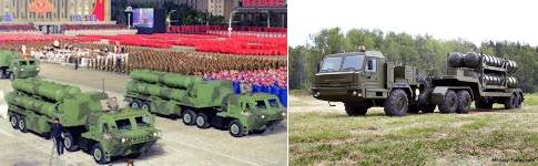 (위) 북한이 열병식에서 공개한 번개 6/7호의 TEL과 (아래) 러시아의 S-400 TEL인 BAZ 6402-105. 형상이 완벽히 일치한다. <출처 : Military today, Global Security>